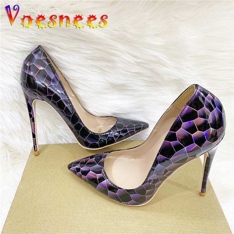 New Colorful Stone Pattern High Heels Pumps Fashion Pointed 12CM Single Shoes Comfortable Soft Leather Holographic Women's Shoe