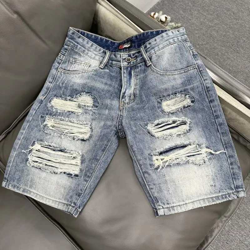 Summer Korean Luxury Clothing Cowboy Casual Denim Knee Length Punk Washed Hiphop Streetwear Distressed Hole Jeans Shorts for MenX240914