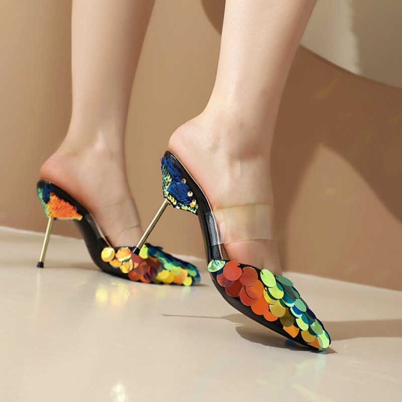 New Pointed Large Sequin Outdoor Summer Slippers Women's Summer Nightclub Spicy Girl Punk Style Roman Shiny Sandals Size 32-43