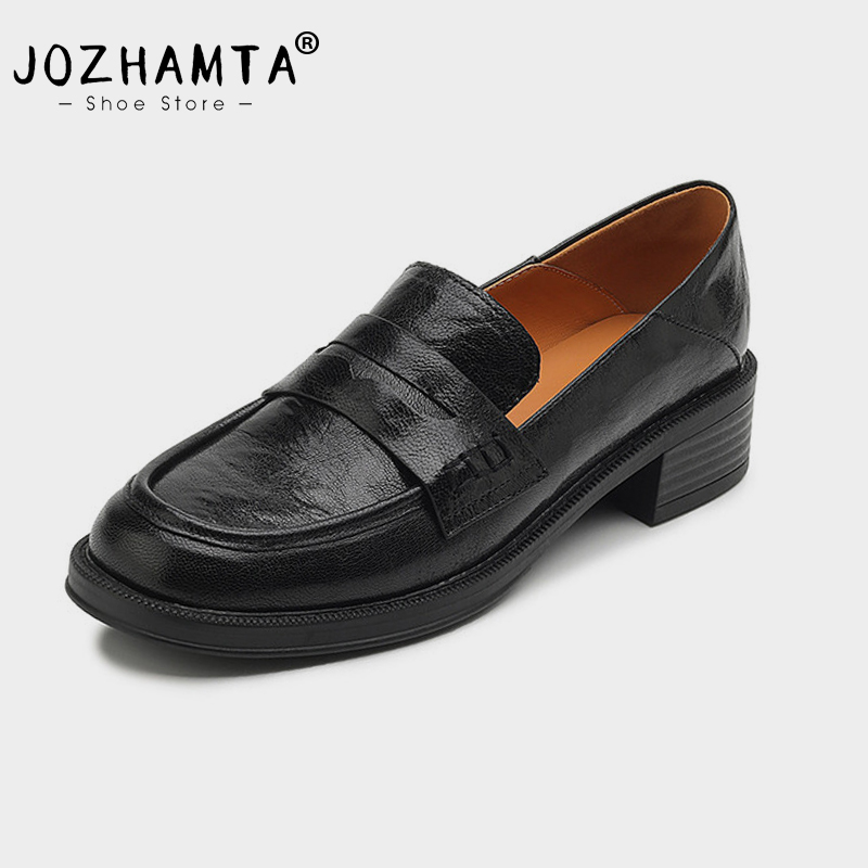 2025 new Size JOZHAMTA 33-43 Casual Loafers For Women Real Leather Chunky Mid Heels Shoes Slip On Pumps 2025 Spring Office Lady Dress 2272