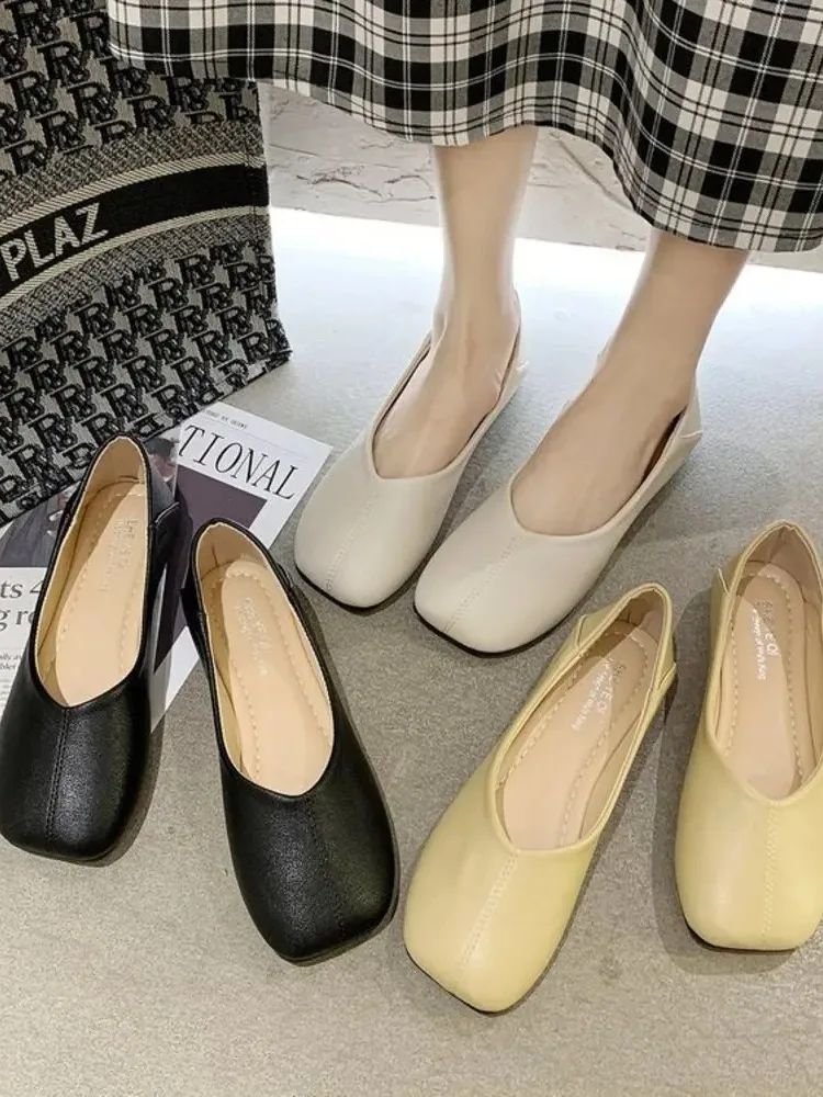 Single Shoe Spring and Autumn New Square Head Shallow Mouth Bean Fashion Two Wear Casual Flat Shoes Women's 3750