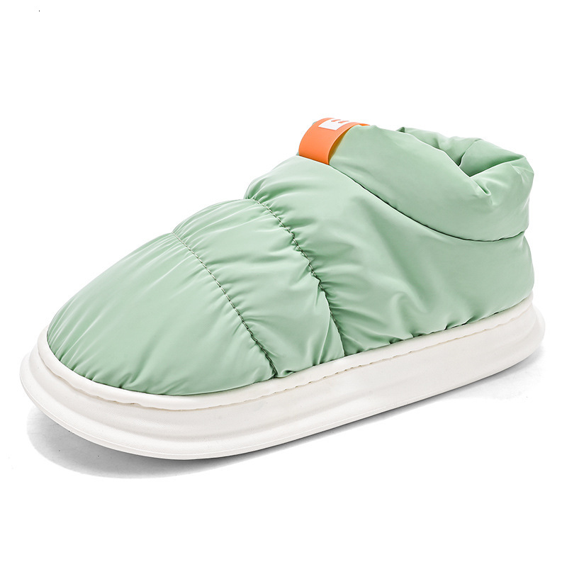 Mid top down cloth covered couples in winter, with plush candy colored cotton shoes for outer wear, warm and casual snow boots