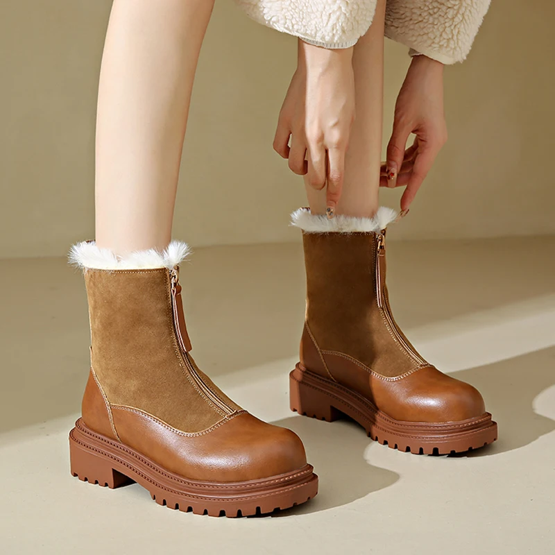 Women's Suede hot Platform Ankle Boots - Warm Plush Winter Shoes, Round Toe Fur, Brown Casual Goth Botas Feminina