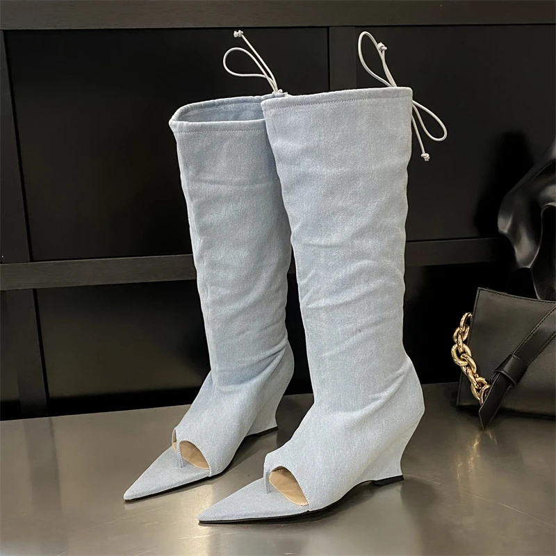 Eilyken Street Style Pointed Open Toe Clip-On Women Knee High Boots Pleated Wedges Heels Party Booties Largas De Mujer a091