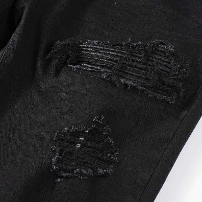 Men Leather Patch Biker Jeans for Motorcycle Strtwear Holes Ripped Patchwork Stretch Denim Pants Black Skinny Tapered Trousers X250924