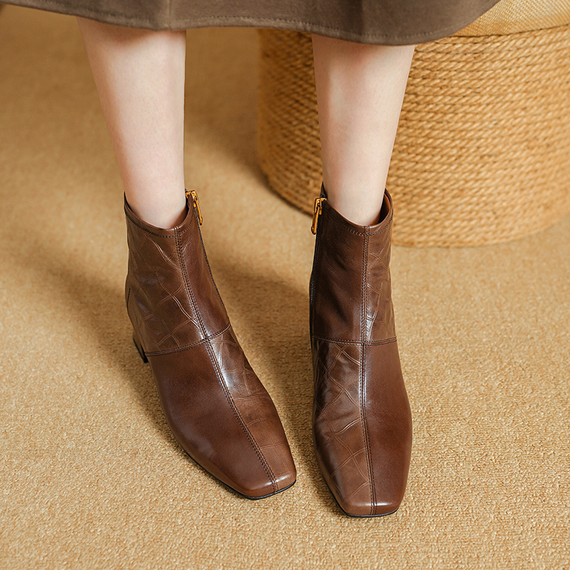 2024 Autumn Square Toe Chunky Heels for Women Vintage Leather Ankle Boots Ladies Shoes