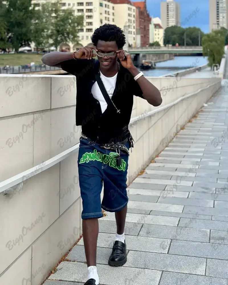 Summer Denim Shorts 2024 Harajuku Oversized Casual Loose Lettering Print Goth Casual Shorts Men 2000 Trendy Pants StreetwearX240914