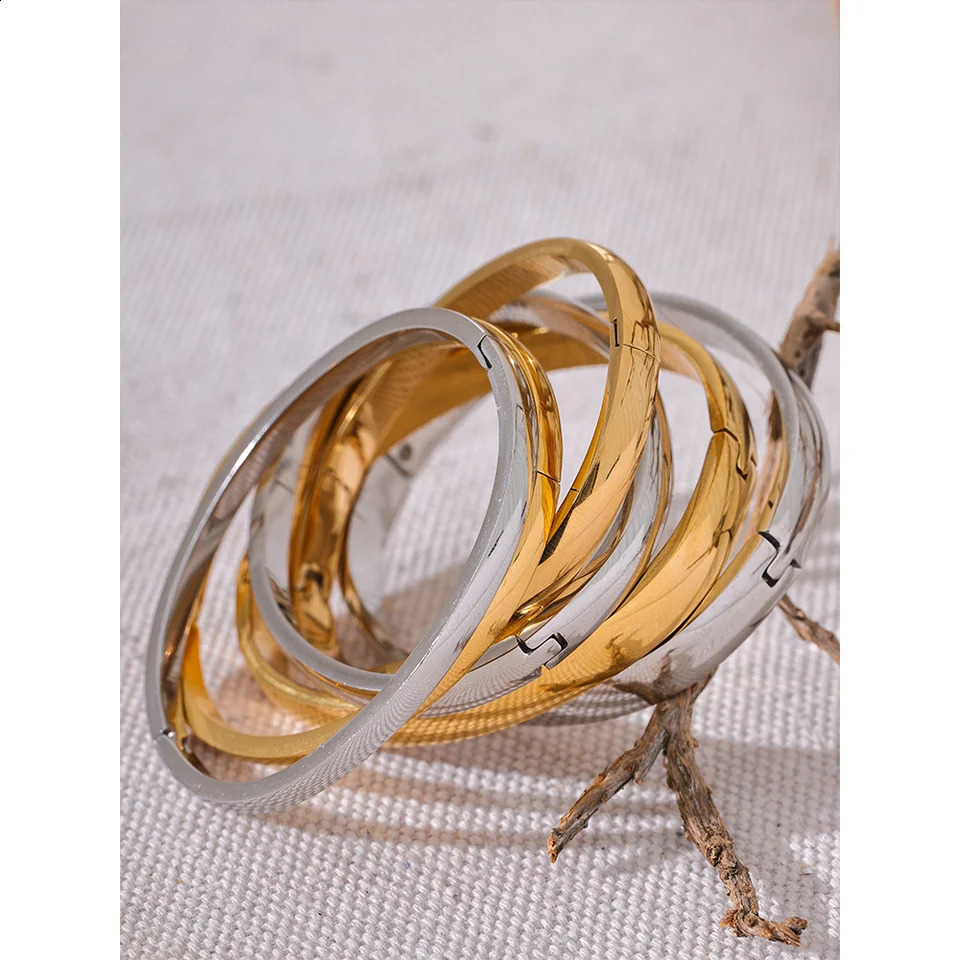 Yhpup 60mm Waterproof 316L Stainless Steel Round Smooth Bracelet Bangle Women Minimalist 18k Gold Color Texture Charm Jewelry 240914