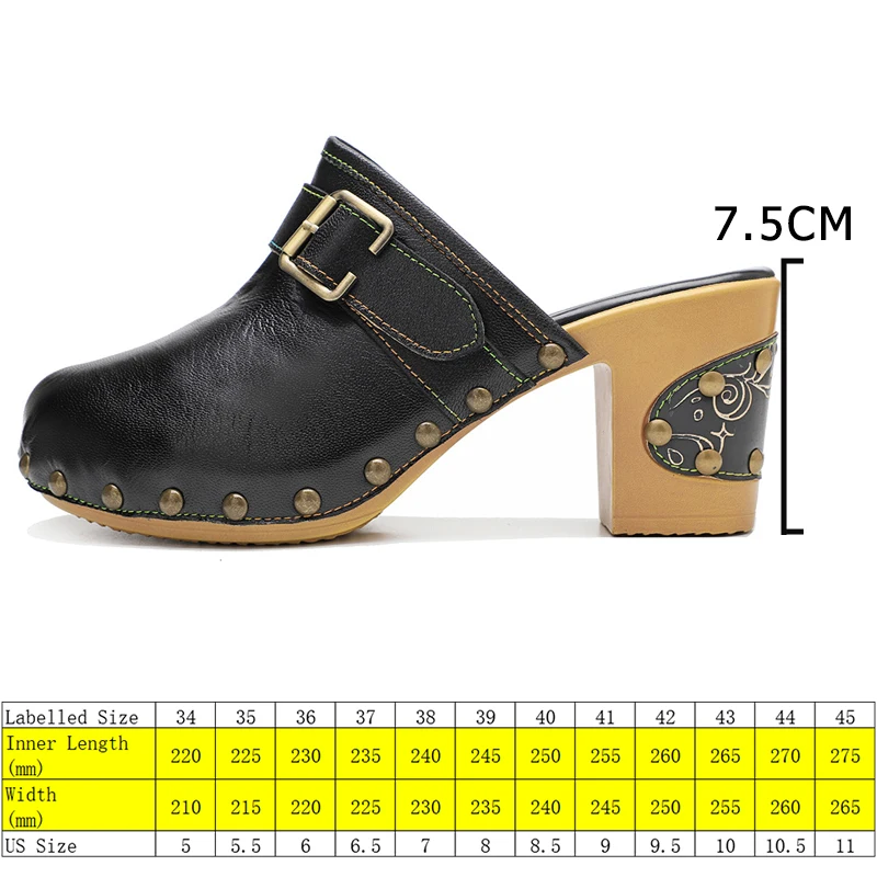 Koznoy 7.5cm Sheepskin Women Leather Chunky Heels Big Size Moccasins Metal Decoration Clogs Sandals Ethnic Summer Slippers Shoes