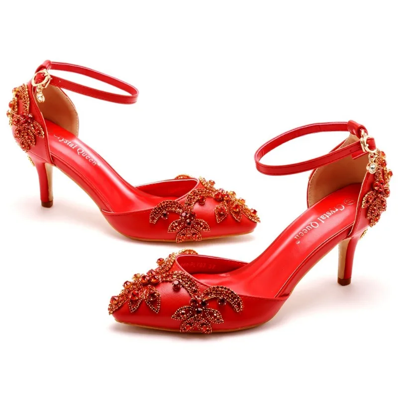 Summer High-heeled Women's Sandals Rhinestone PU 7CM Thin Heels Buckle Strap Mature Women's Shoes Golden Yellow Fashion