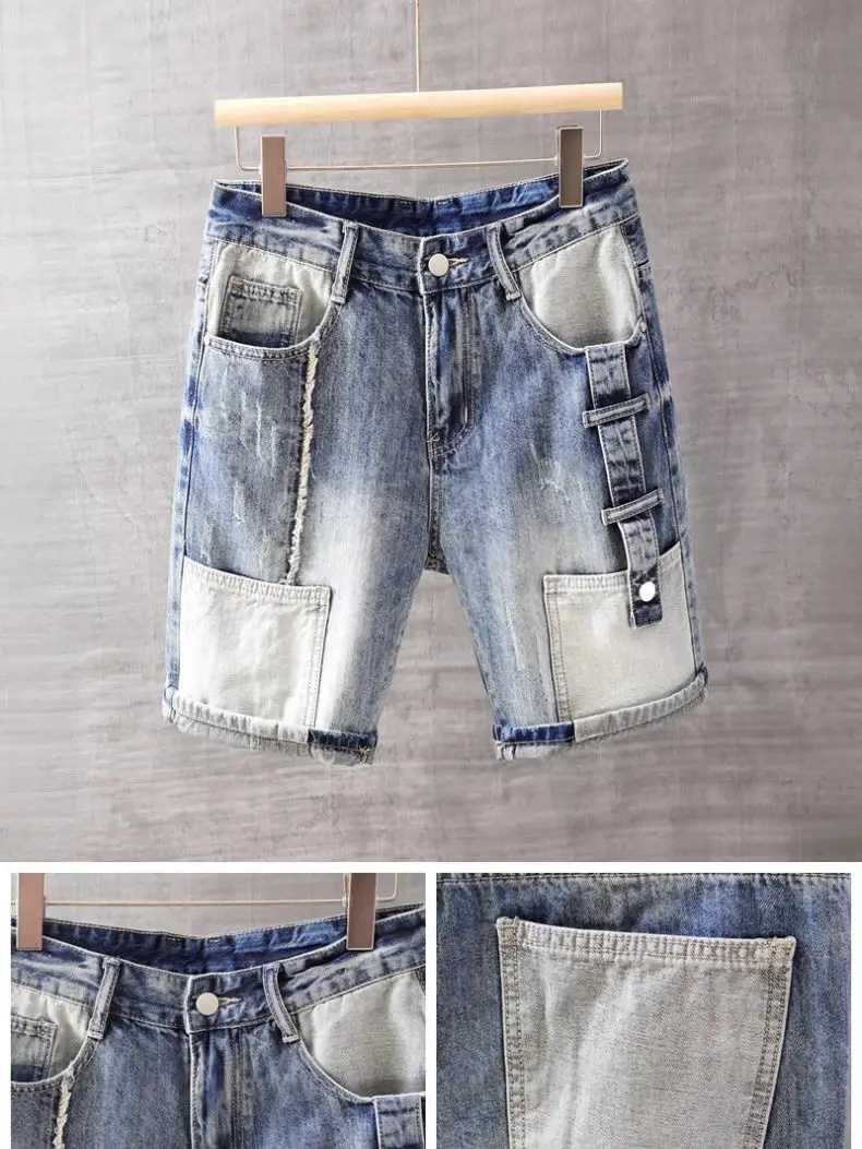 Korean Style Harajuku Fashion Designer Mens Summer Straight Denim Jeans Shorts Casual Boyfriend Washed Patchwork Short PantsX240914