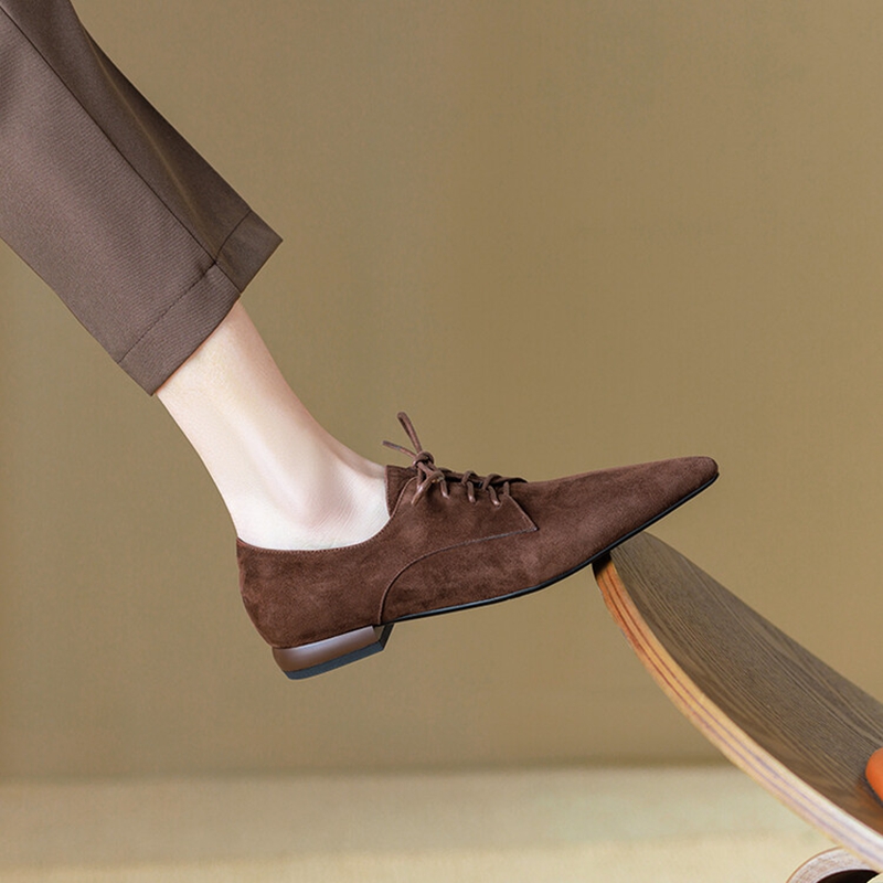 Spring/Autumn NEW Pumps Sheep New Suede Leather for Women Pointed Toe Low Heel Casual Black Lace-up Handmade Shoes 9e9d
