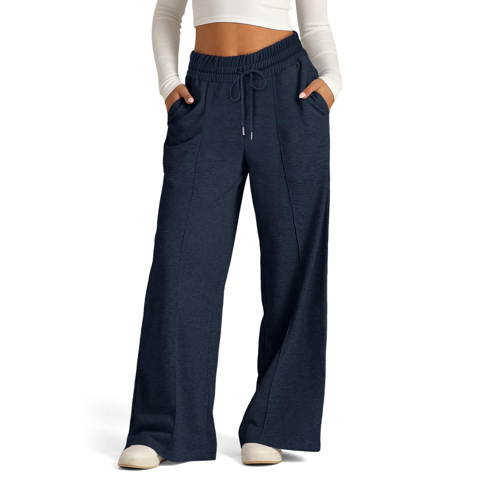 2024 new European and American women's drawstring solid color waist cinching fashionable wide leg sports casual pants