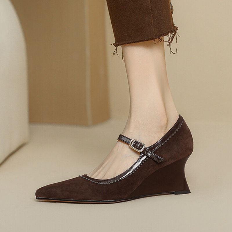 2025 new Spring/Autumn NEW Sheep Suede Leather for Pointed Toe Chunky Heel Women Pumps Wedges Mary Janes Shoes 612b
