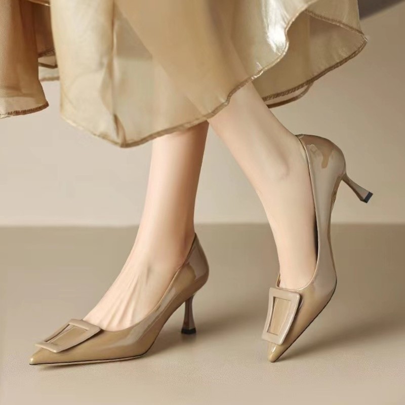 New Women's Pumps Pointed Toe Boat Shoes Square Button Pump Slip on Designer Shoes High Heels Patent Leather Dress Shoes 1528N