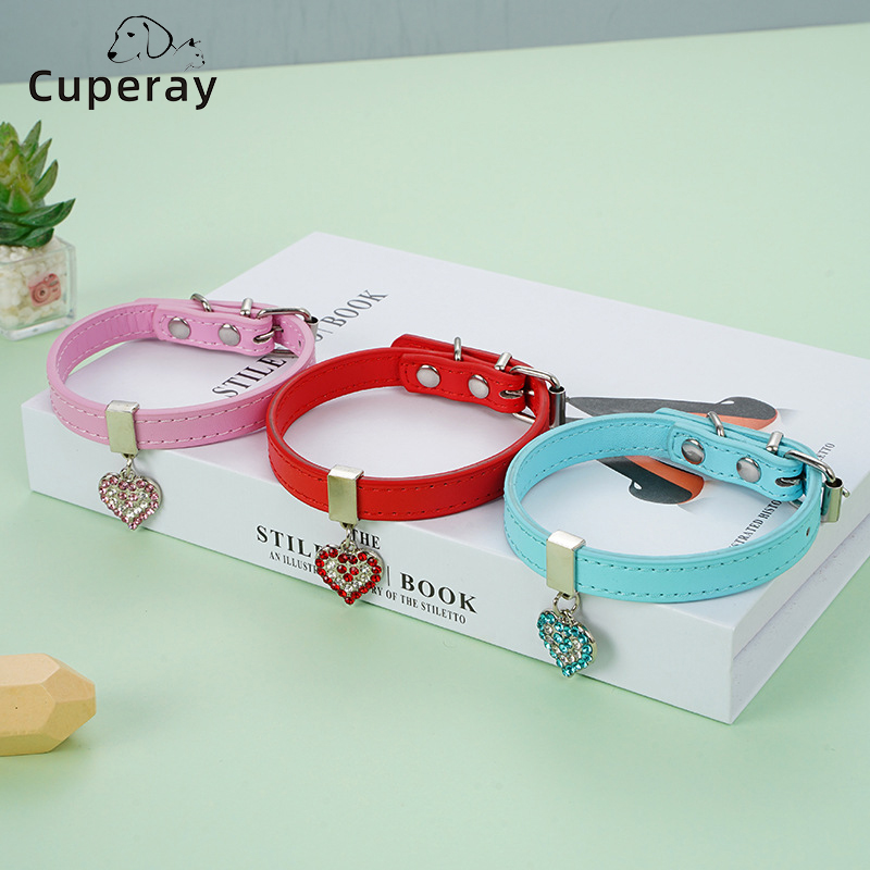 Leather Pet Collar Adjustable Dog Collar with Rhinestone Heart Charm Strong Durable Metal Buckle Dog Collar for Small Medium Dog