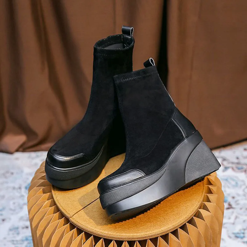 Women Shoes Autumn Woman Fashion Round Toe Ankle Boots Winter Elastic Black Comfortable Botines Botas Femme 8e08