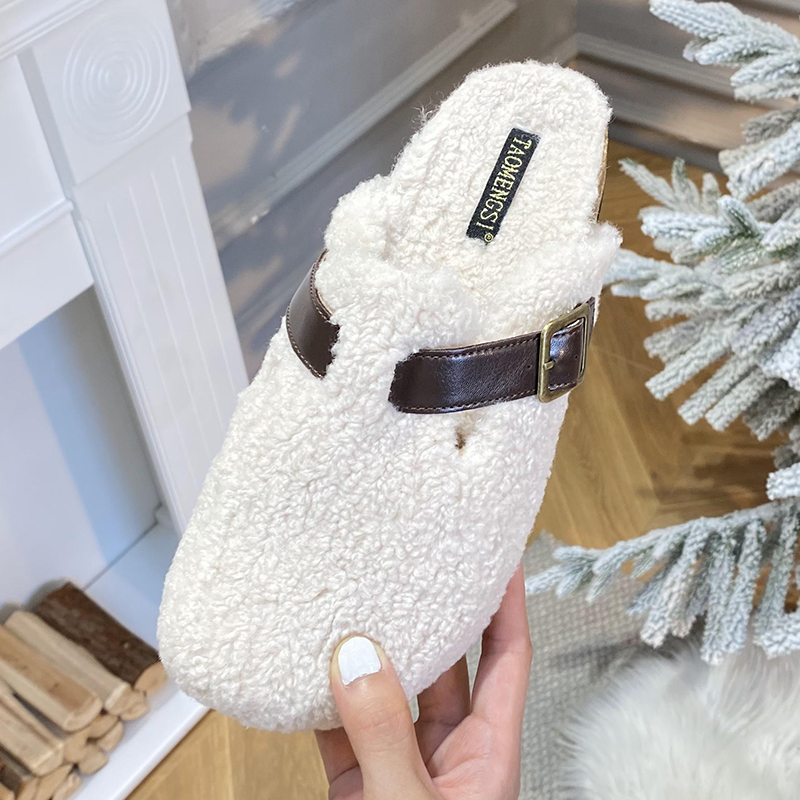 Winter 2023 Warm Ladies Flat With Furry Shoes Fashion Buckle Strap Women Mules Fur Slippers Casual Outdoor Indoor Female Slides 0946