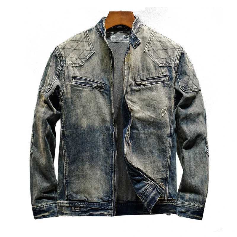 Retro shaver spliced denim jacket mens upright collar slim suitable for casual hand washing nostalgic street motorcycle jacket W24091410