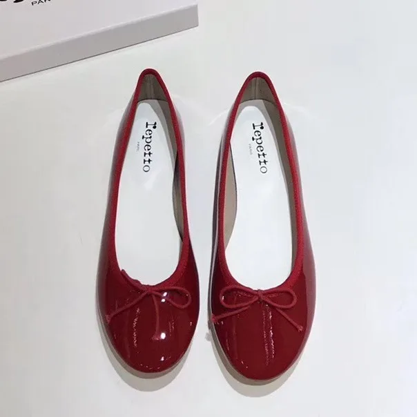 French Vintage Single Round Head Ballet Slippers Low Heel Shallow Sole Patent Leather Small Red Shoes Summer Women's Flats