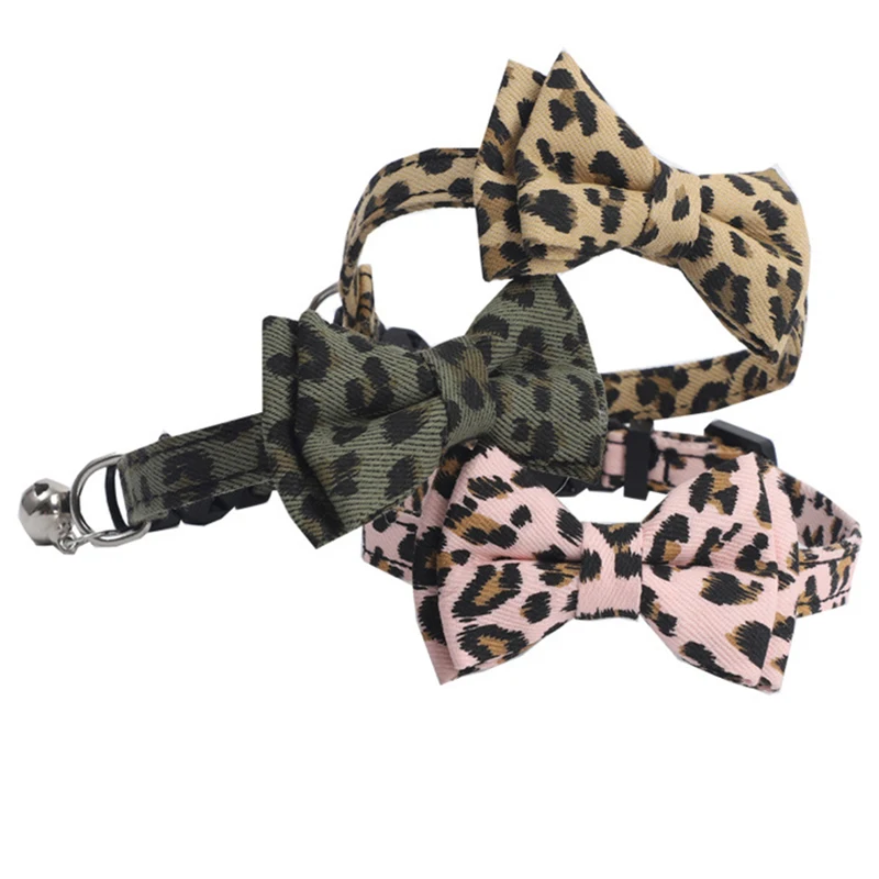 Leopard Pattern Cat Collar Breakaway Adjustable with Cute Removable Bowtie and Bell for Kitty and Other Small Dogs Pets Walking