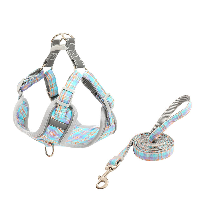 Plaid Dog Harness with Leash Adjustable Reflective Vest-style Pet Harness and Leash Set for Large, Medium and Small Dogs Outdoor