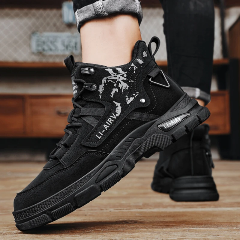 Mens High-top New Casual Male Boots Vintage PlatformAnkle Outdoor Lace-up Walking Loafers Leather Sneakers