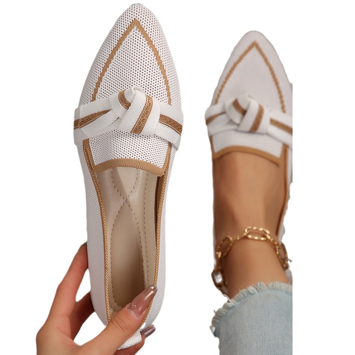 Women's Ballet Flats Casual Shoes Low Heel Retro Women's Sneakers Comfortable Pointed Toe Mesh Breathable Knitted Work Shoes