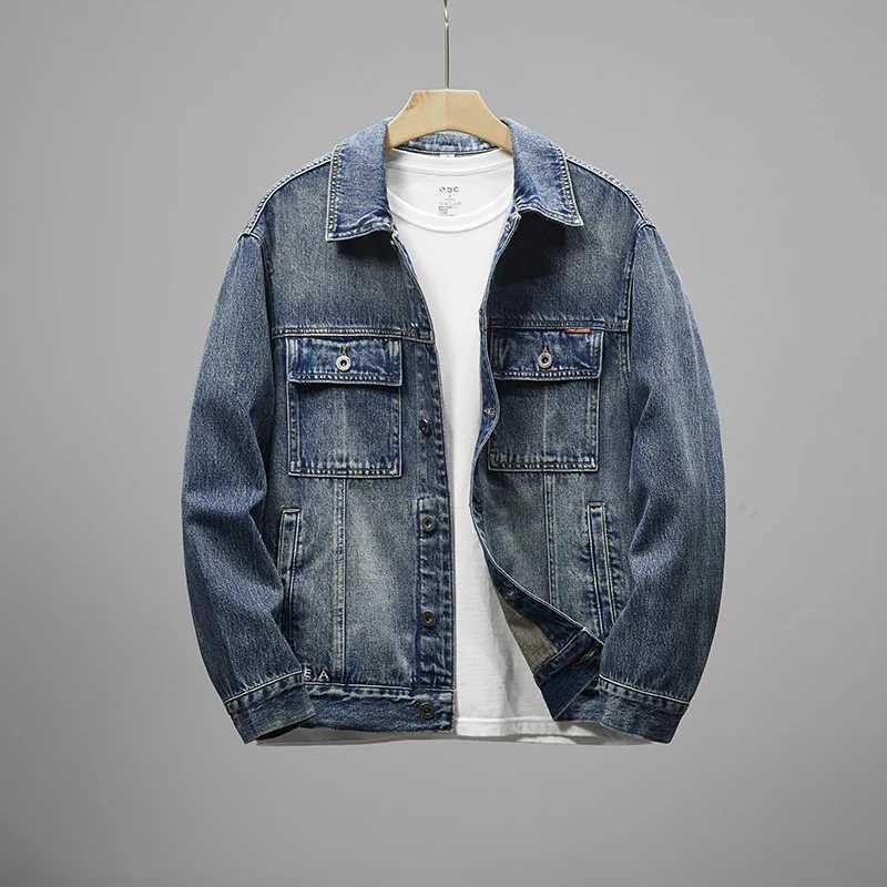 2024 New Retro Blue Denim Jacket Simple Personalized Design Trend Mens Jacket Thin Handmade Mens Top W240914