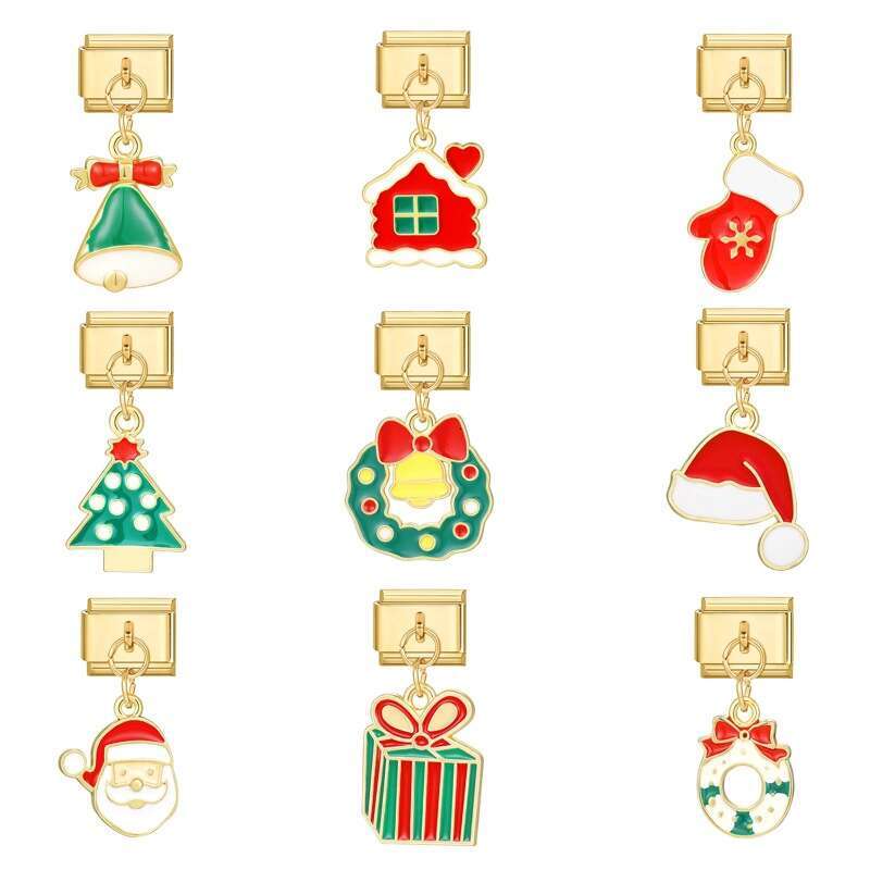 New Christmas Tree Snowman Deer Santa Claus Pendant Italian Charms Links Bangle Beads Fit 9mm Stainless Steel Bracelet Making DIY For Women Gift Fashi