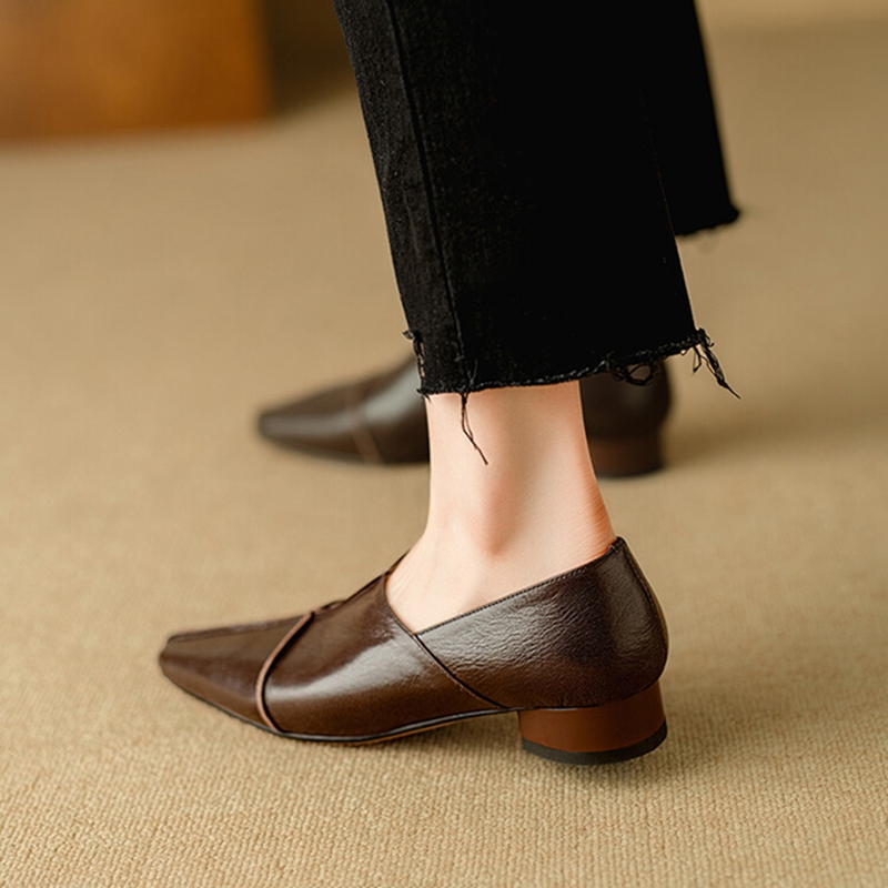 Spring NEW Loafers Genuine Leather for Square Toe Low Heel Women Pumps Slip-on Soft Black Comfort Shoes 472a Comt