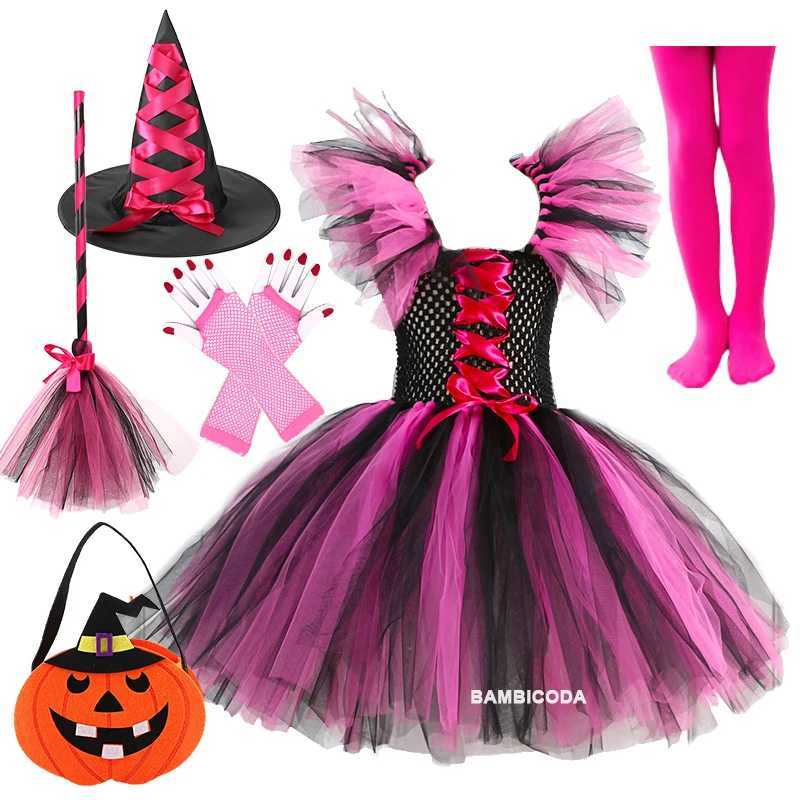 Costume Witch Costume Girl Halloween Tutu Knee Dress Hat Broom Pantyhose Childrens Carnival Role Playing Party Costume Childrens Costume W240914