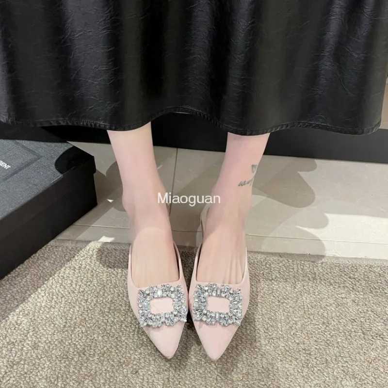 Summer Woman's Sandal New Pointed Toe Shallow Nude Pink Luxury Designer Rhinestone Slippers Shoes Low Heel Woman Fashion Comfort