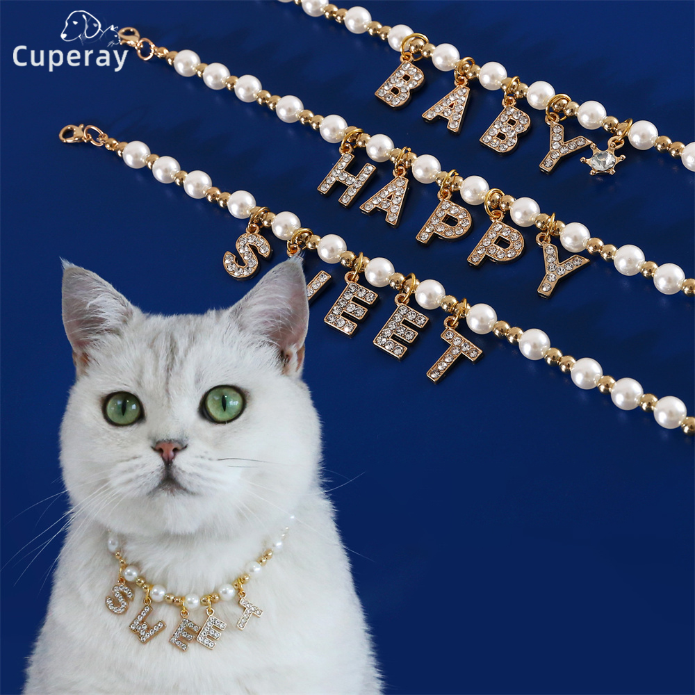 Pet Pearl Alphabet Collar Necklace Cat Dog Baby Rhinestone Pendant Happy Adjustable Necklace Collar Princess for Cat and Puppies