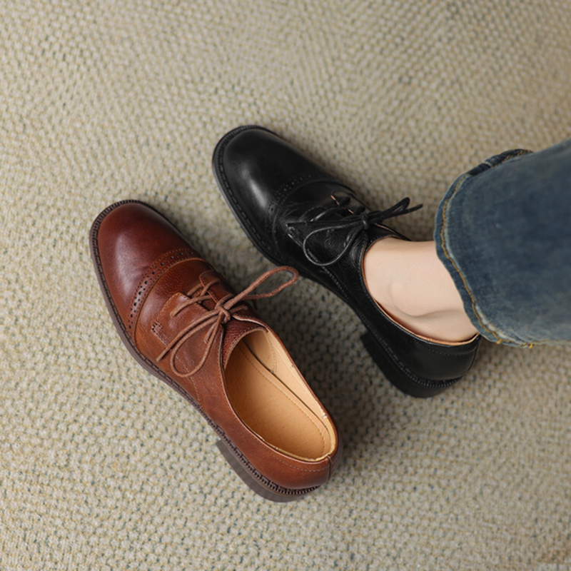 Spring/Autumn NEW Genuine Leather for Round Toe Chunky Women Pumps Lace-up High Heel Shoes f85e