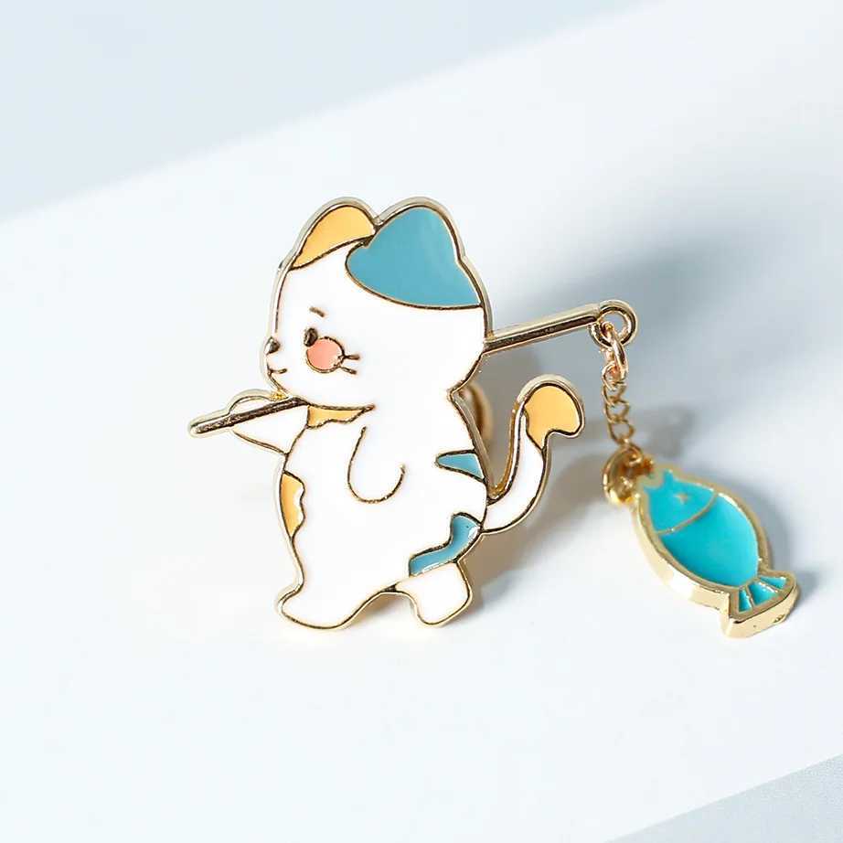 New Fashion Creative Cat Fishing Design Metal Enamel Brooch Cartoon Cute Animal Badge Pin Best Friend Gift Jewelry AccessoriesX240914