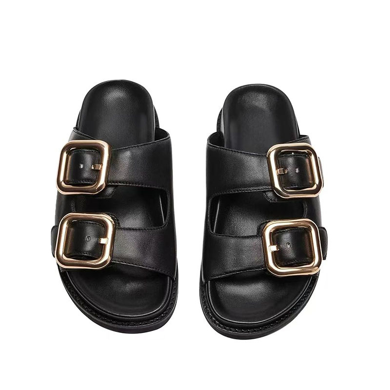 Summer Thick Soled Belt Buckle Women Outdoor Slippers New Flat Bottomed Round Toe Retro Casual Commuting Beach Sandals Size35-43