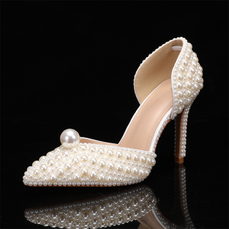 New All Pearl Shallow Mouth Summer Sandals Pointed Flat Bottomed/high Heeled Bride's Wedding Pearl Women Shoes Size 35-43
