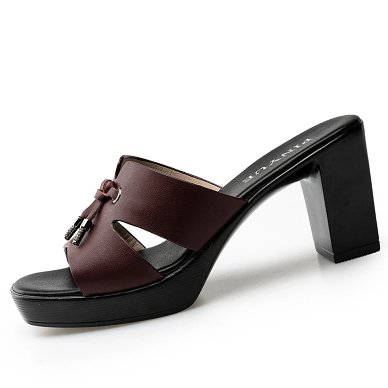 Small Size 35-41 Elegant Knot Block High Heels Slides Women Platform Shoes Summer Outside Model Office Thick Sole Slippers