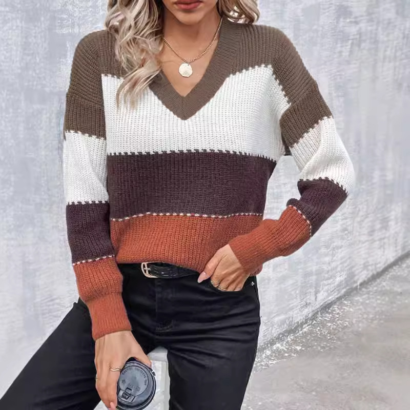 dongdumaoyi New Autumn/Winter V-neck Sweater Amazon Cross border Foreign Trade Women's Knitted Sweater Fashion Color blocked Loose and Versatile 
