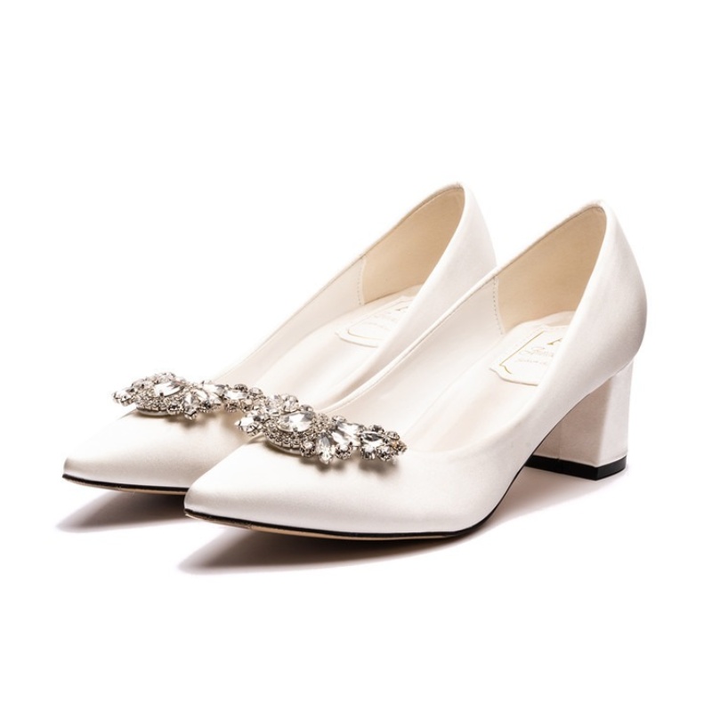 Woman 2024 New Pregnant Wedding Dress White Satin Shoes Chunky Heels Rhie French Bridal shoes Pumps f3d8