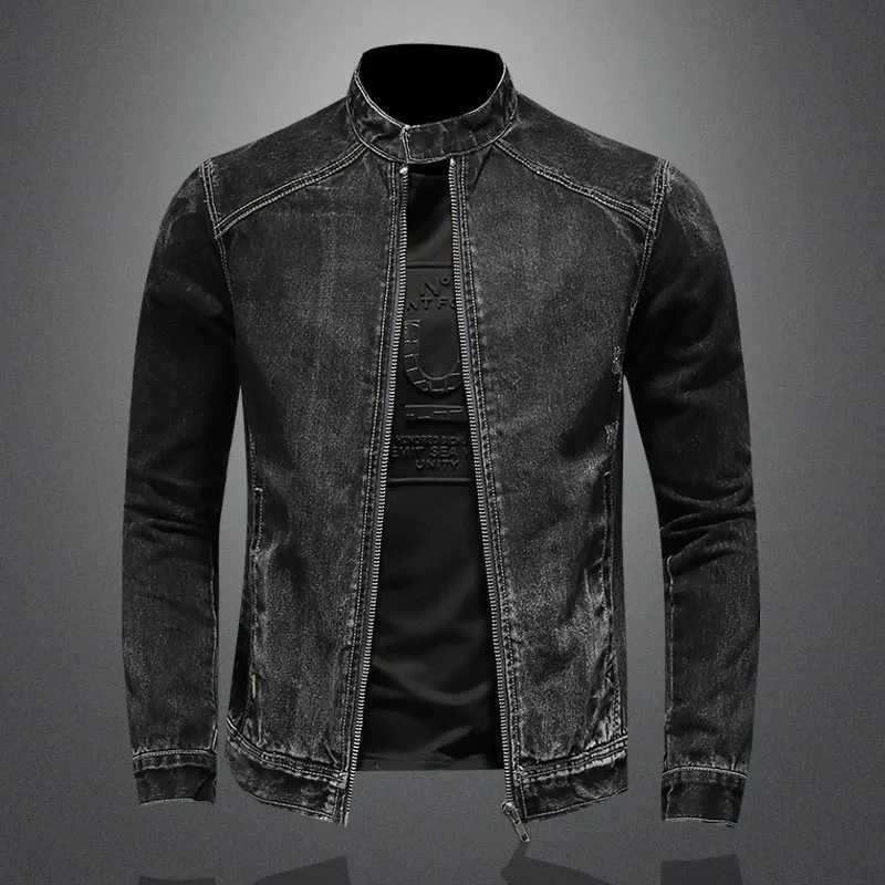 Autumn denim jacket mens long sleeved zipper retro black slim fit street fashion jacket W240914