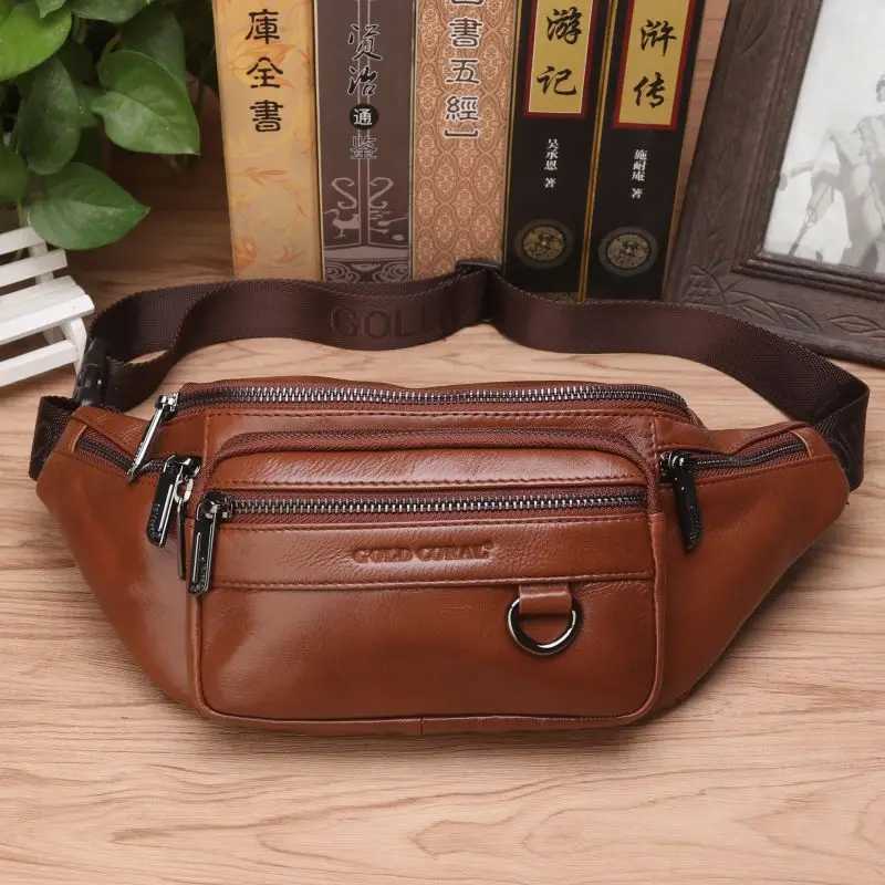 Mens travel leather waist bag natural skin mens wallet cross body sling chEST hip shoulder strap bag Z250407