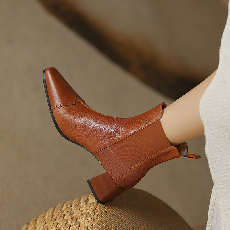 2024 Genuine Leather Winter Women Shoes Square Toe Chunky Heel Fashion Retro Ankle Boots Handmade 60fe