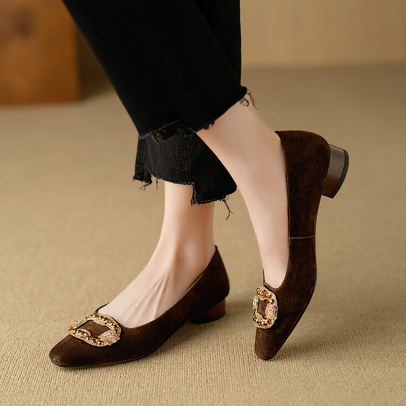 Spring/Autumn NEW Pumps Toe Chunky Heel Sheep Suede Leather for Women Rhie Square Button Shoes 4571