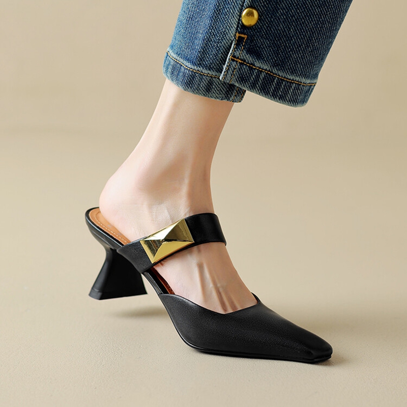 NEW Summer Women Mules Split Leather Shoes for Women Square Toe High Heel Slippers Cover Toe Slingback Sandals Metal Buckle Shoe