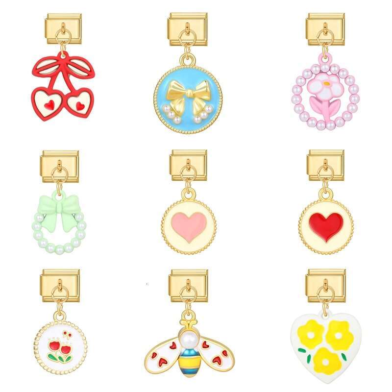 New Women's Gift Gold cute bow heart Pendant Italian Charms Links Bangle Beads Fit 9mm Stainless Steel Bracelet Making DIY For Women Fashion Jewe