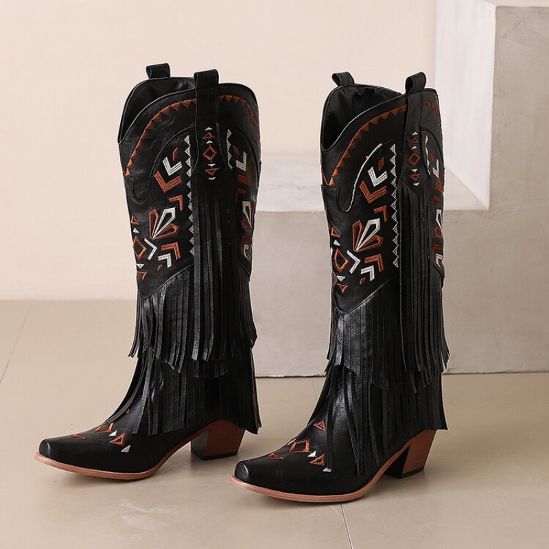 2024 Women Vintage Tassel Embroidered Western Cowboy Autumn Winter New Fashion Thick Heel Mid Length Long Boots 34-48