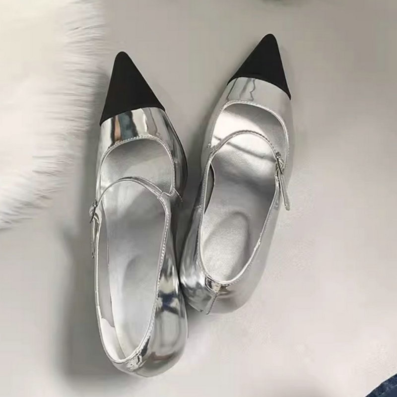 2025 new Fashion Pointy Wedges Heel Heels Women'S Summer Vintage Sier French Mary Jane Small Leather Shoes 0a41 s