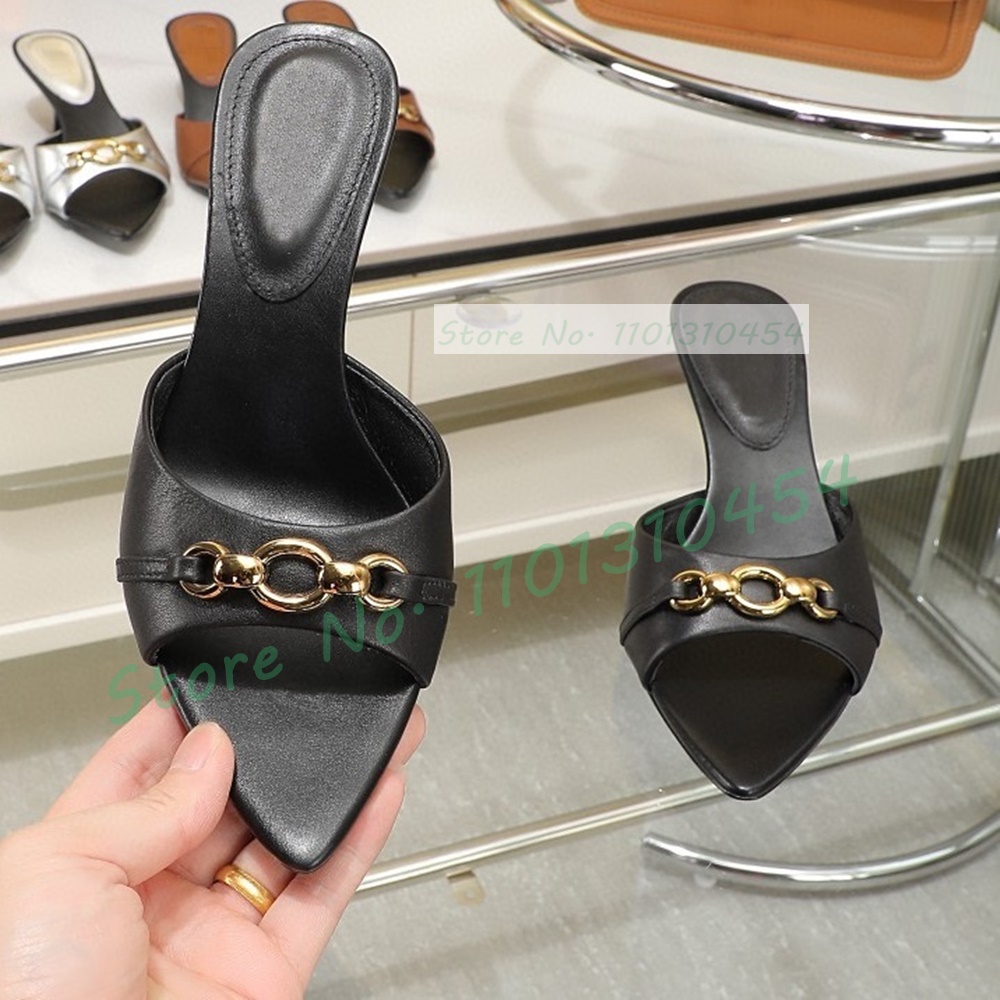 Gold Real Leather Mid Heel Slippers Women Metal Ring Detail Open Pointy Toe Shoes Summer Luxury Sheepskin All-match Sexy Mules